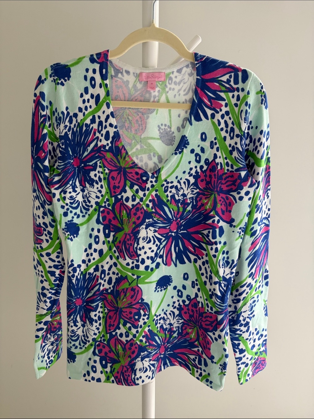 Lilly Pulitzer Mint Green Floral V-Neck Long Sleeve Top with Pink & Navy Accents